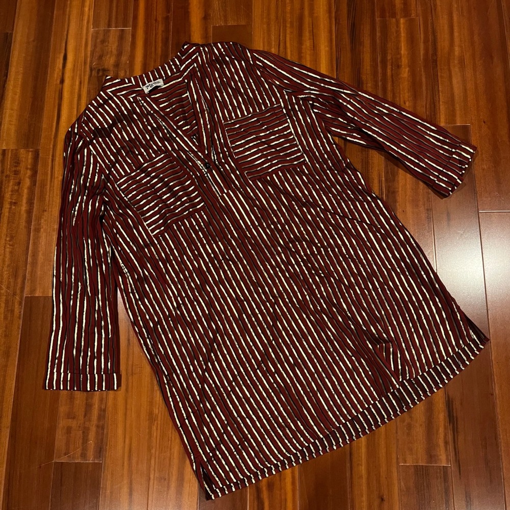 Mumu Maribelle Shirt Dress Red Burgundy Gold Metallic Stripe Tunic Show Me Small